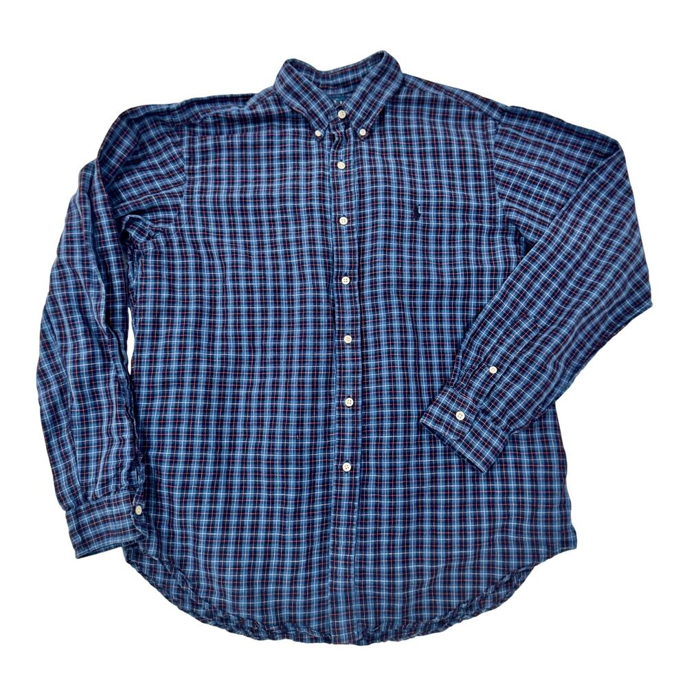 Ralph Lauren Classic Fit Blue Plaid Cotton Button Down Shirt Men's Large Preppy - Picture 2 of 16